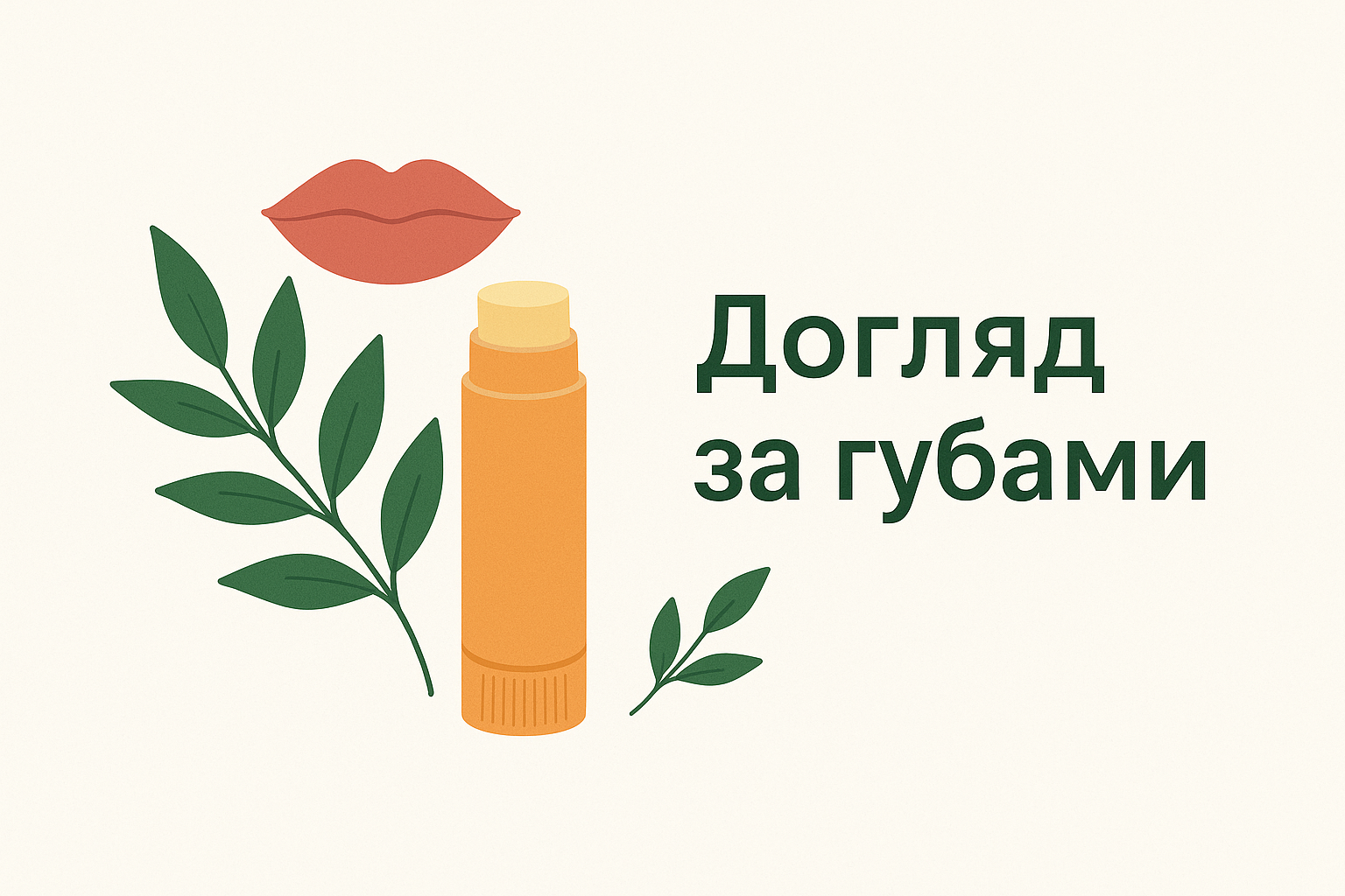 Ілюстрація з натуральним бальзамом для губ, листям і підписом "Догляд за губами"
